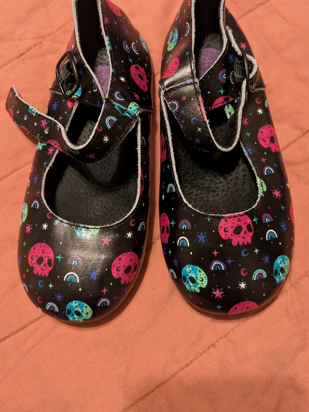 Spellbound Soles Kids Size 11 Black Mary Janes with Neon Skulls And Rainbows